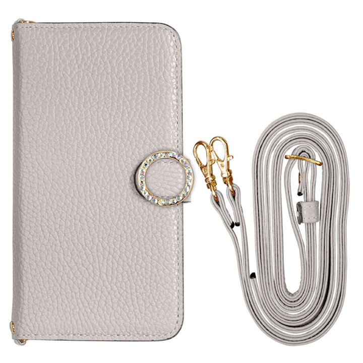 本革 32色 イタリアンシュリンクレザー ショルダーストラップ付き ラウンドストーンデコ 手帳型ケース（ベルトあり）