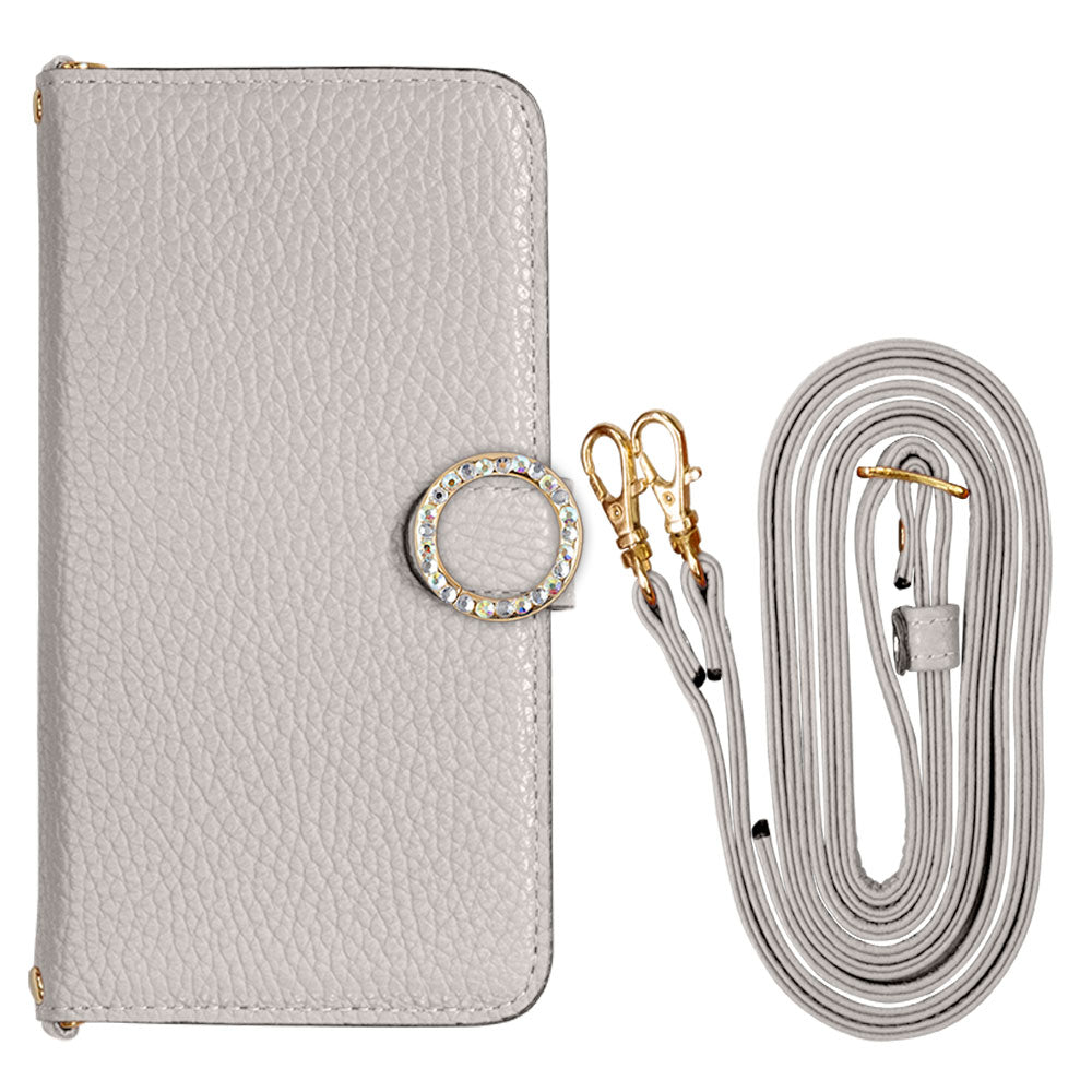 Cuir véritable 32 couleurs cuir italien grainé avec bandoulière, étui portefeuille à décor de pierres rondes (avec ceinture) série Galaxy