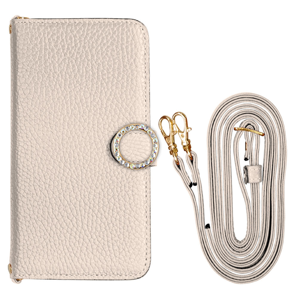 Cuir véritable 32 couleurs cuir italien grainé avec bandoulière, étui portefeuille à décor de pierres rondes (avec ceinture) série Galaxy