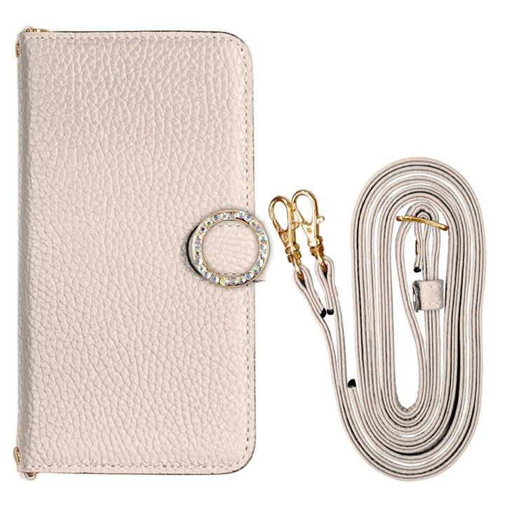 Cuir véritable 32 couleurs cuir italien grainé avec bandoulière, étui portefeuille à décor de pierres rondes (avec ceinture) série Galaxy