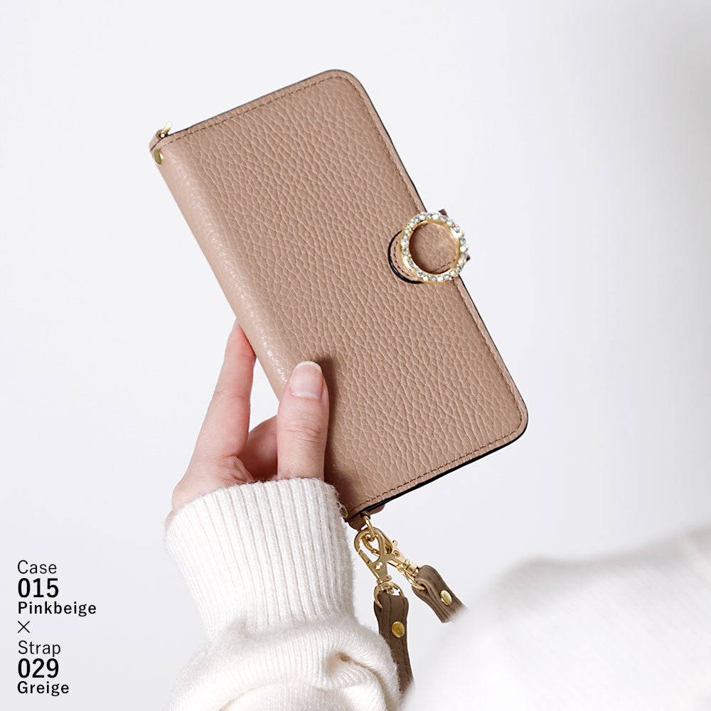 Genuine leather 32 colors Italian shrink leather with shoulder strap round stone deco notebook-style case (with belt) AQUOS series