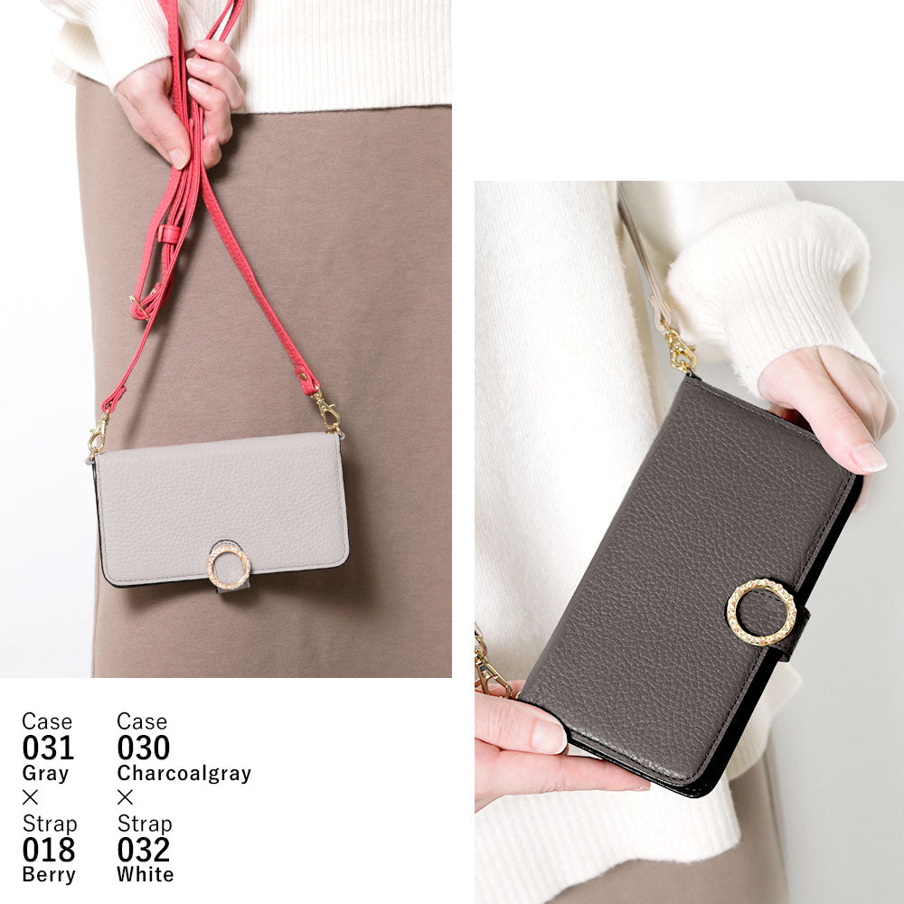 Genuine leather 32 colors Italian shrink leather with shoulder strap round stone deco notebook-style case (with belt) Google Pixel series