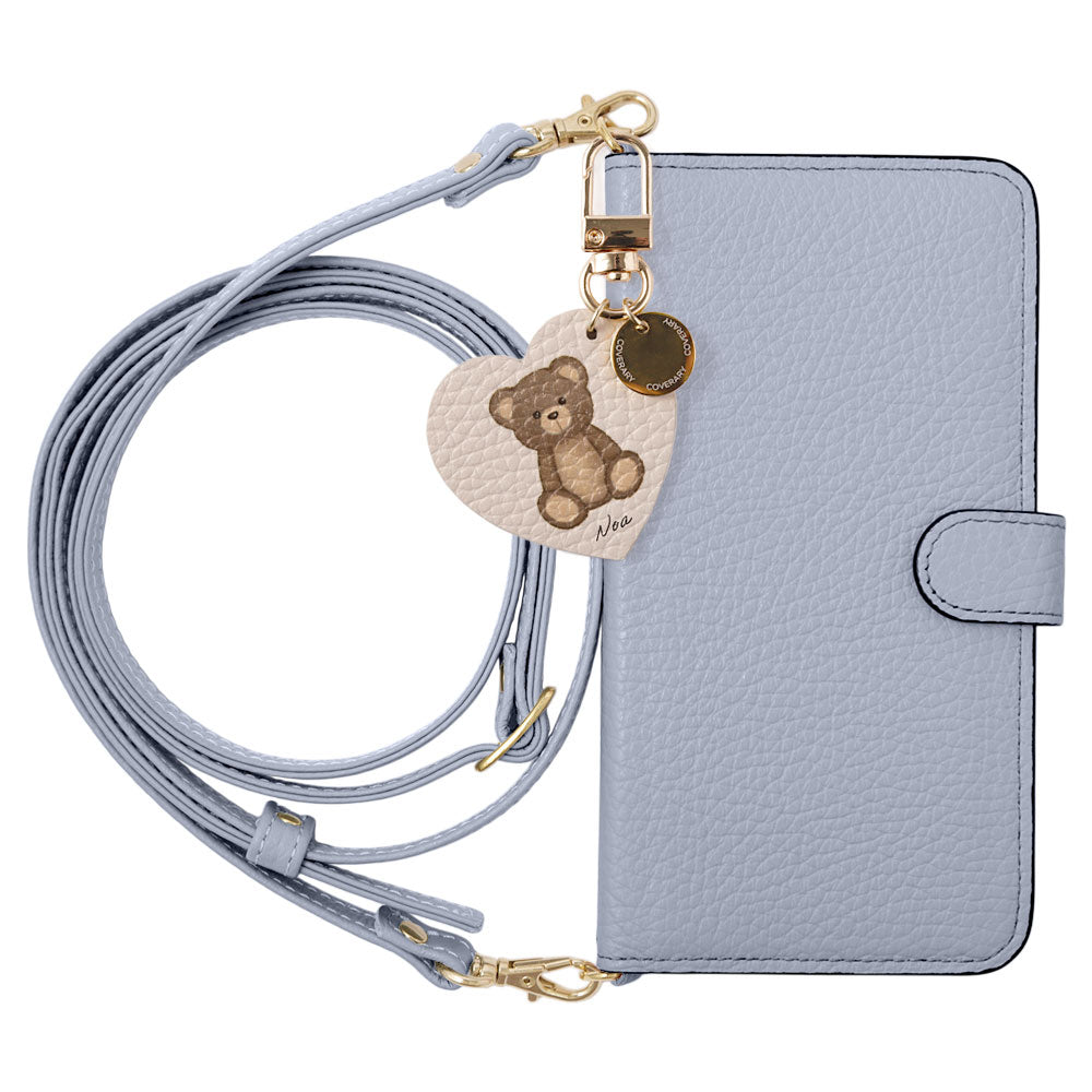 Genuine leather, 32 colors, Italian shrink leather, printed name, motif animal pattern charm, with shoulder strap, notebook-style case (with belt)