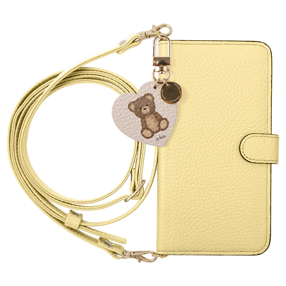 Genuine leather, 32 colors, Italian shrink leather, printed name, motif animal pattern charm, with shoulder strap, notebook-style case (with belt)