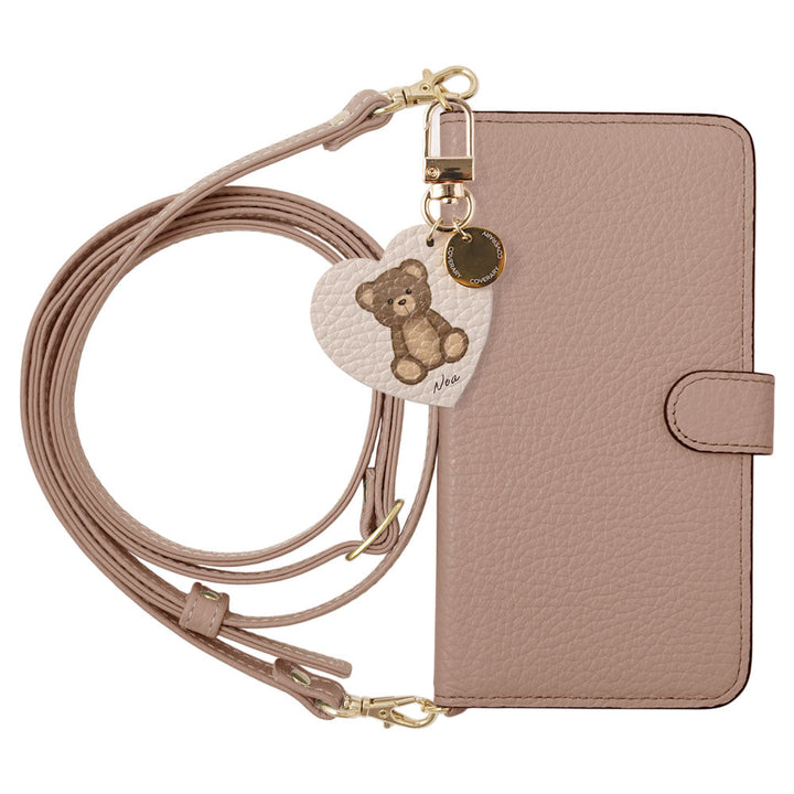 Genuine leather 32 colors Italian shrink leather printed name motif animal pattern charm with shoulder strap notebook-style case (with belt) AQUOS series