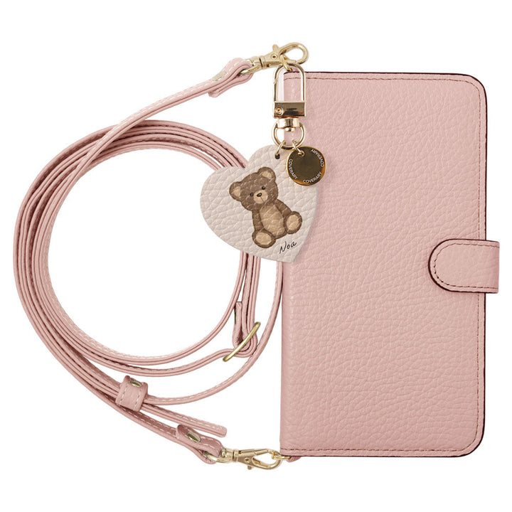Genuine leather 32 colors Italian shrink leather printed name motif animal pattern charm with shoulder strap notebook-style case (with belt) for iPhone series