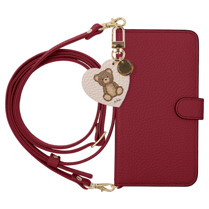 Genuine leather, 32 colors, Italian shrink leather, printed name, motif animal pattern charm, with shoulder strap, notebook-style case (with belt)