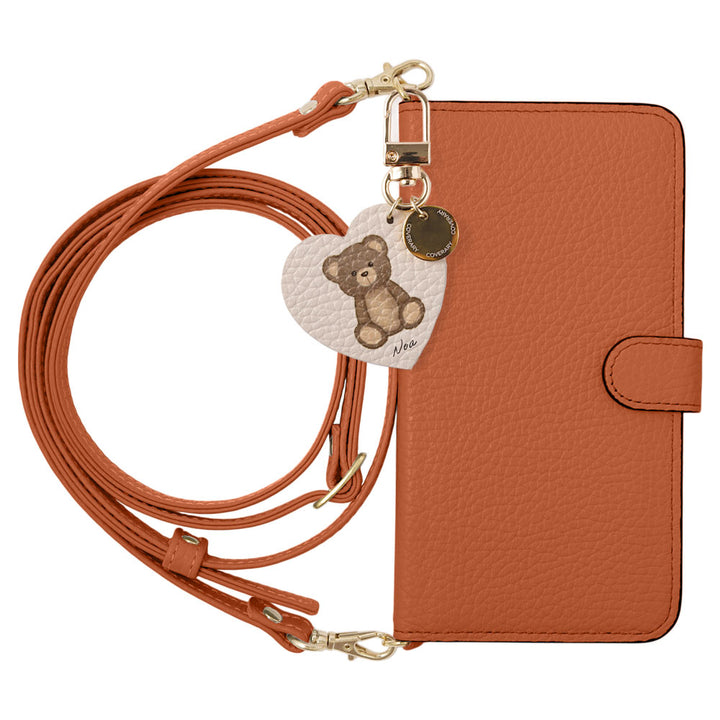 Genuine leather, 32 colors, Italian shrink leather, printed name, motif animal pattern charm, with shoulder strap, notebook-style case (with belt)