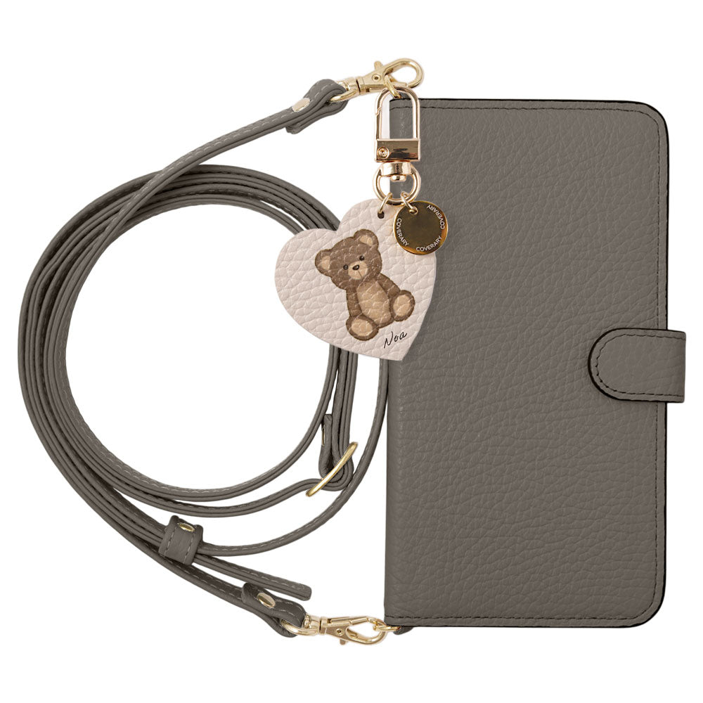 Genuine leather, 32 colors, Italian shrink leather, printed name, motif animal pattern charm, with shoulder strap, notebook-style case (with belt)