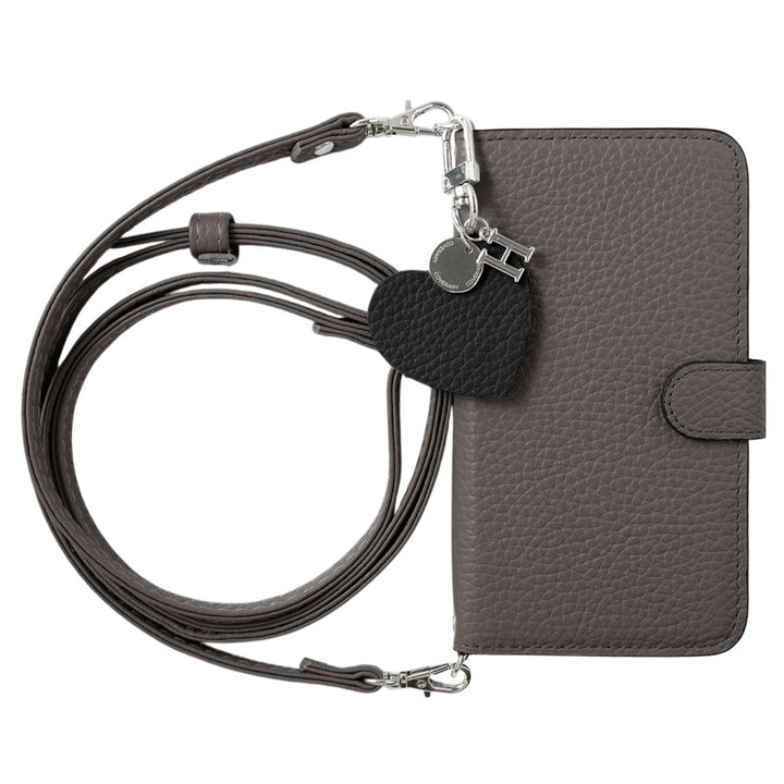 Genuine leather 32 colors Italian shrink leather motif initial charm with shoulder strap notebook-style case (with belt) AQUOS series