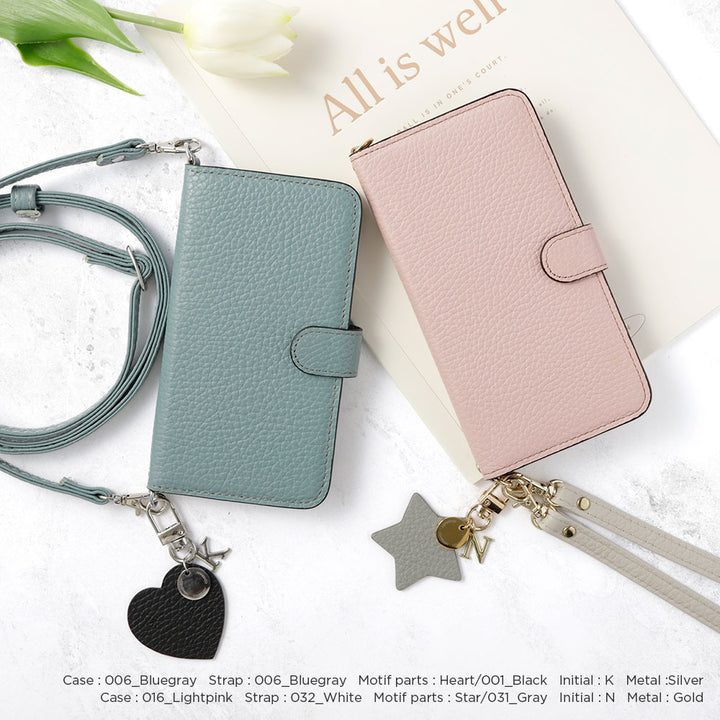 Genuine leather 32 colors Italian shrink leather motif initial charm with shoulder strap notebook-style case (with belt)