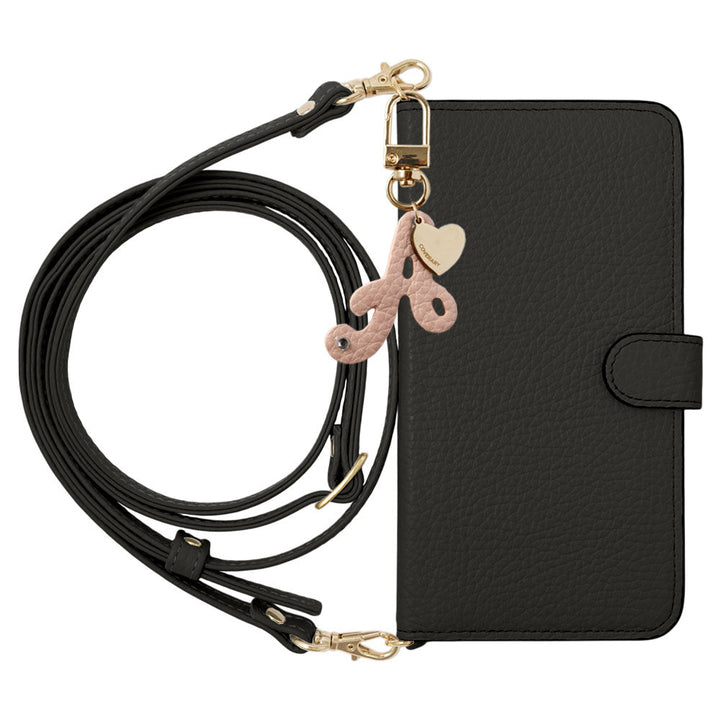 Genuine Leather 32 Colors Italian Shrink Leather Mini Initial Charm With Shoulder Strap Notebook Type Case (With Belt) AQUOS Series