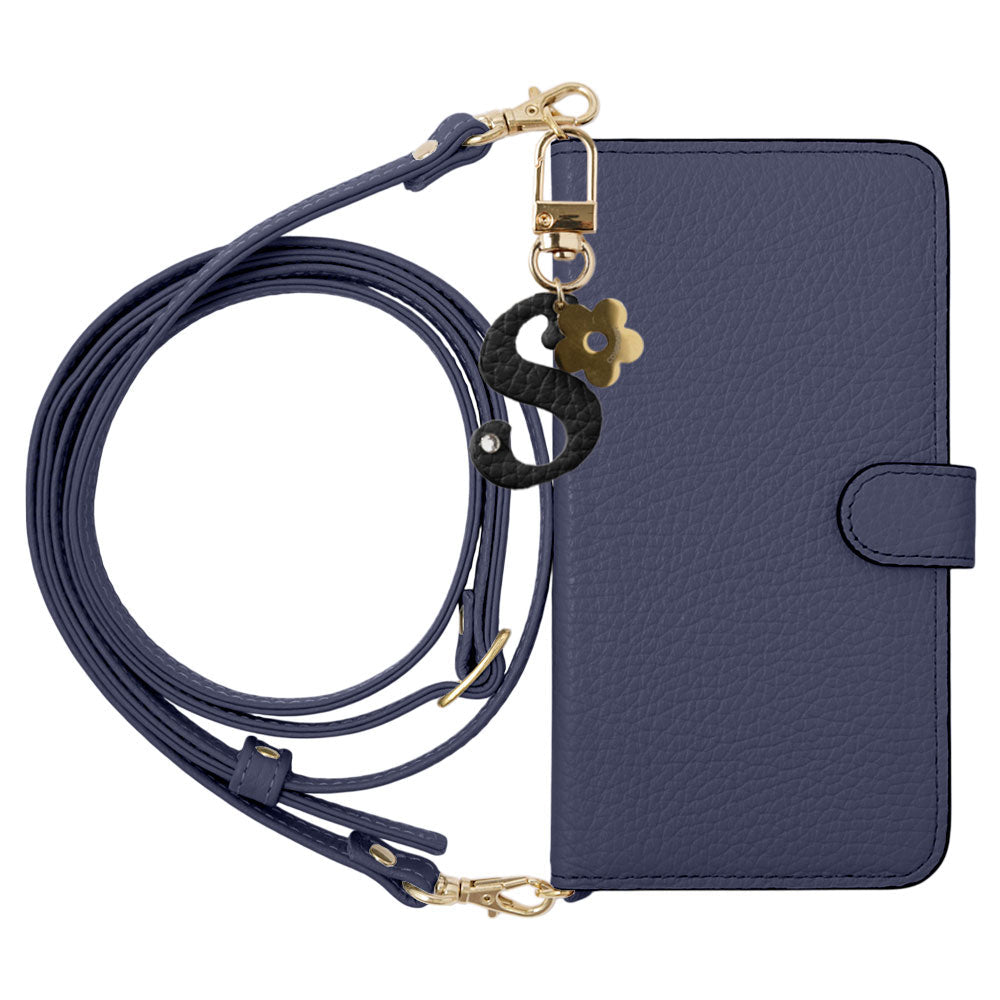 Genuine Leather 32 Colors Italian Shrink Leather Mini Initial Charm With Shoulder Strap Notebook Type Case (With Belt) AQUOS Series