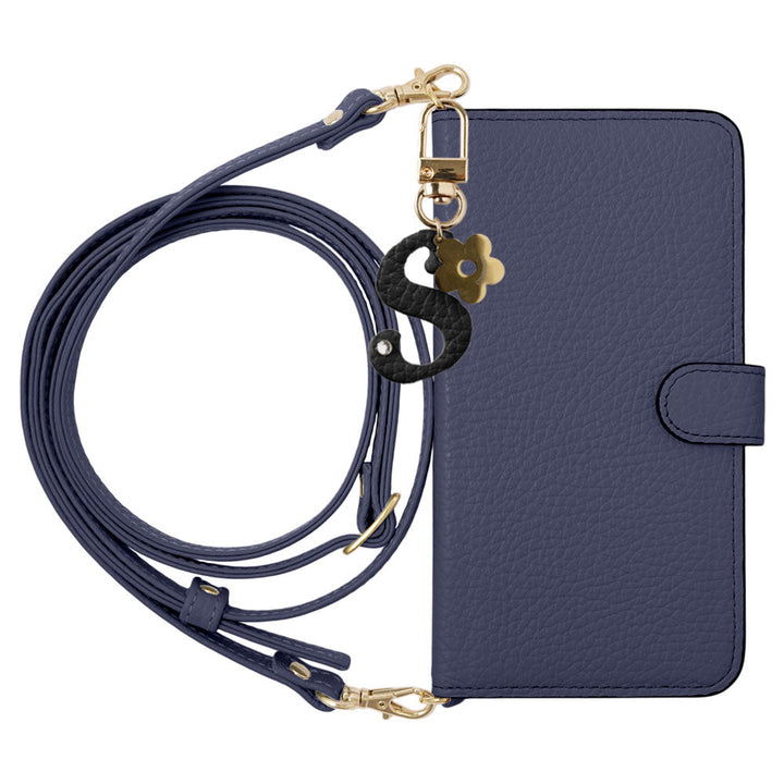 Genuine Leather 32 Colors Italian Shrink Leather Mini Initial Charm With Shoulder Strap Notebook Type Case (With Belt) AQUOS Series