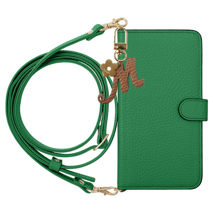 Genuine Leather 32 Colors Italian Shrink Leather Mini Initial Charm With Shoulder Strap Notebook Type Case (With Belt) AQUOS Series