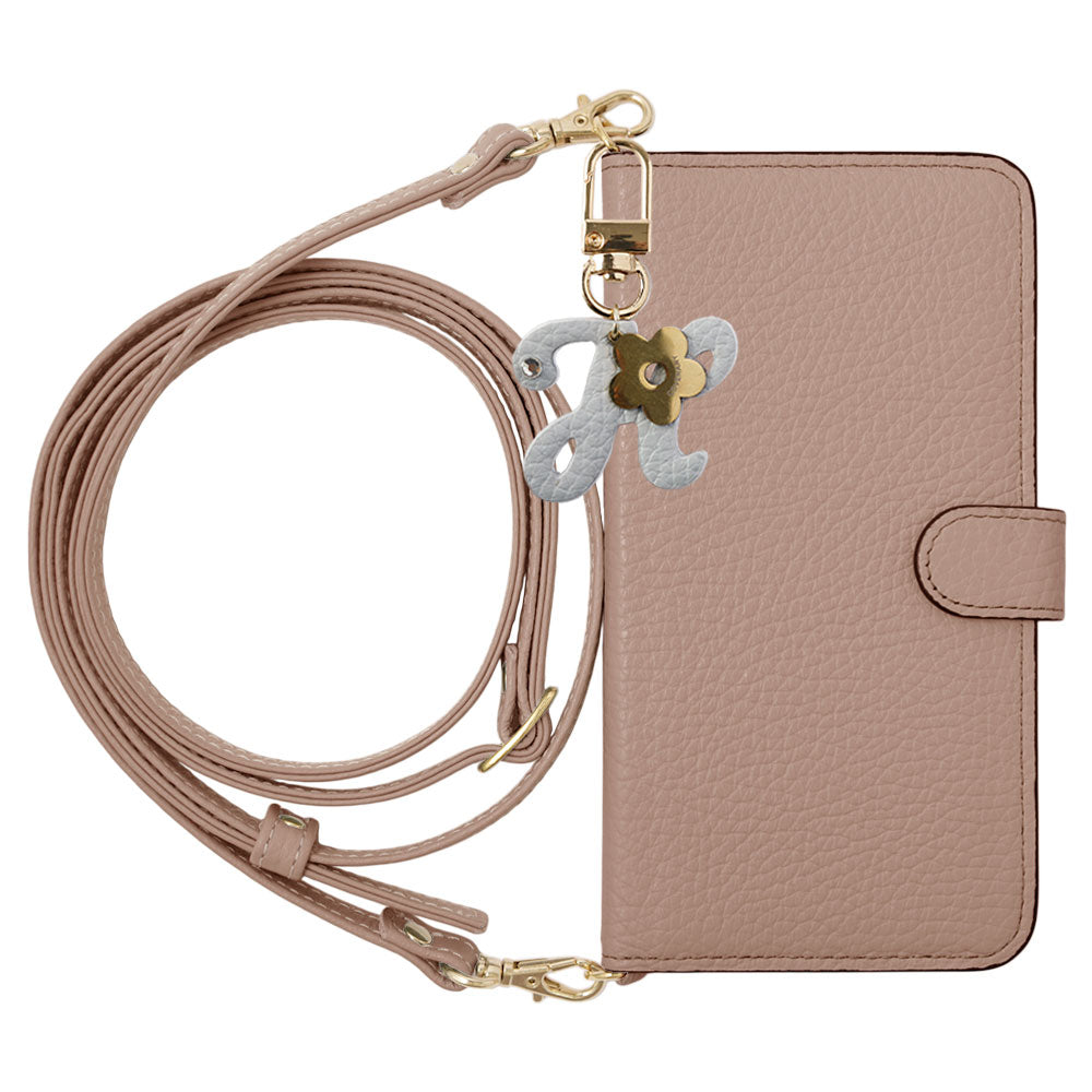 Genuine Leather 32 Colors Italian Shrink Leather Mini Initial Charm With Shoulder Strap Notebook Type Case (With Belt) AQUOS Series