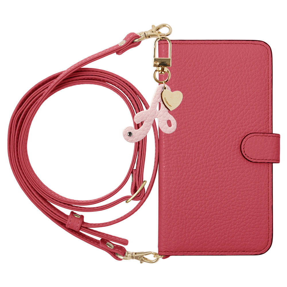 Genuine Leather 32 Colors Italian Shrink Leather Mini Initial Charm With Shoulder Strap Notebook Type Case (With Belt) AQUOS Series