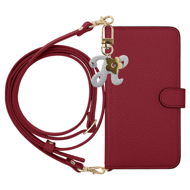 Genuine Leather 32 Colors Italian Shrink Leather Mini Initial Charm With Shoulder Strap Notebook Type Case (With Belt) AQUOS Series
