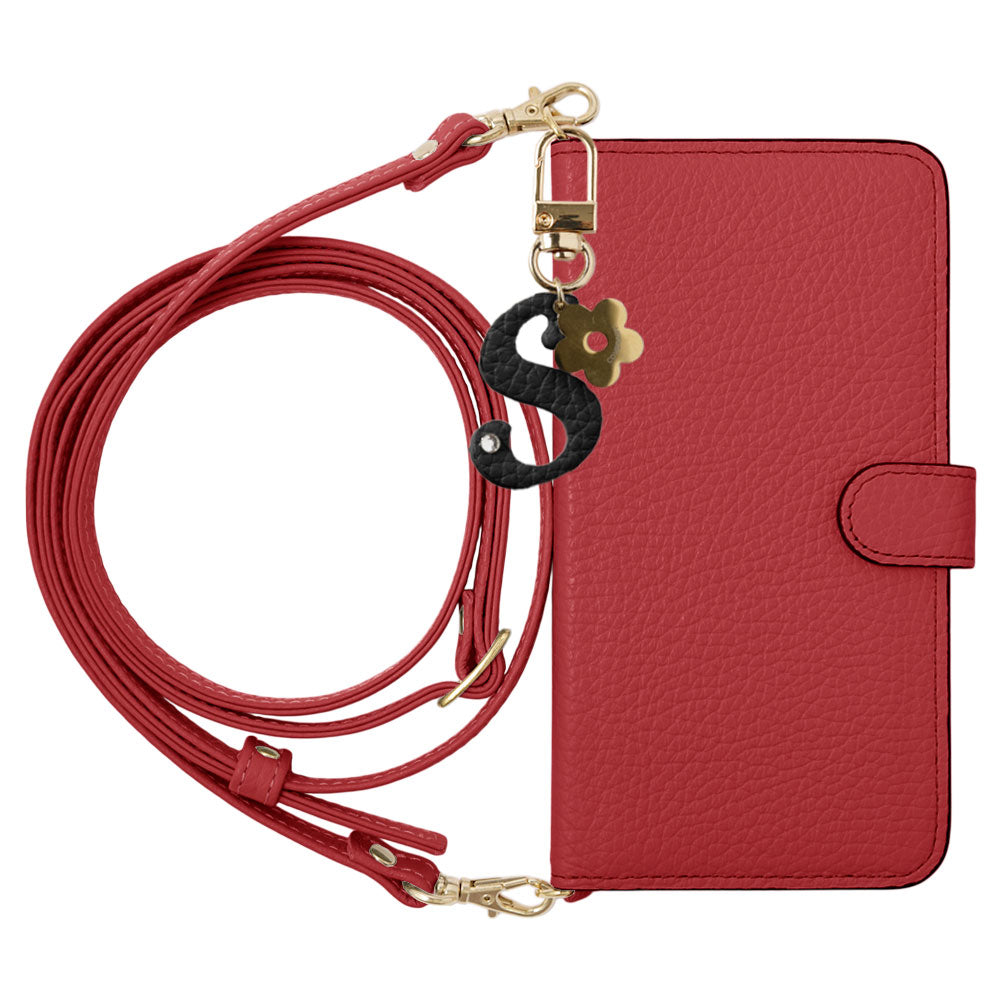 Genuine Leather 32 Colors Italian Shrink Leather Mini Initial Charm With Shoulder Strap Notebook Type Case (With Belt) AQUOS Series