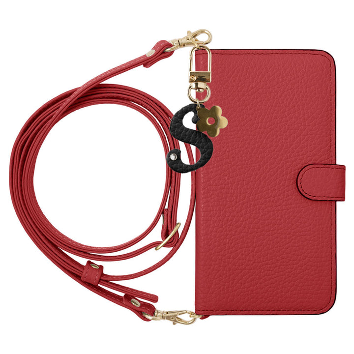Genuine Leather 32 Colors Italian Shrink Leather Mini Initial Charm With Shoulder Strap Notebook Type Case (With Belt) AQUOS Series