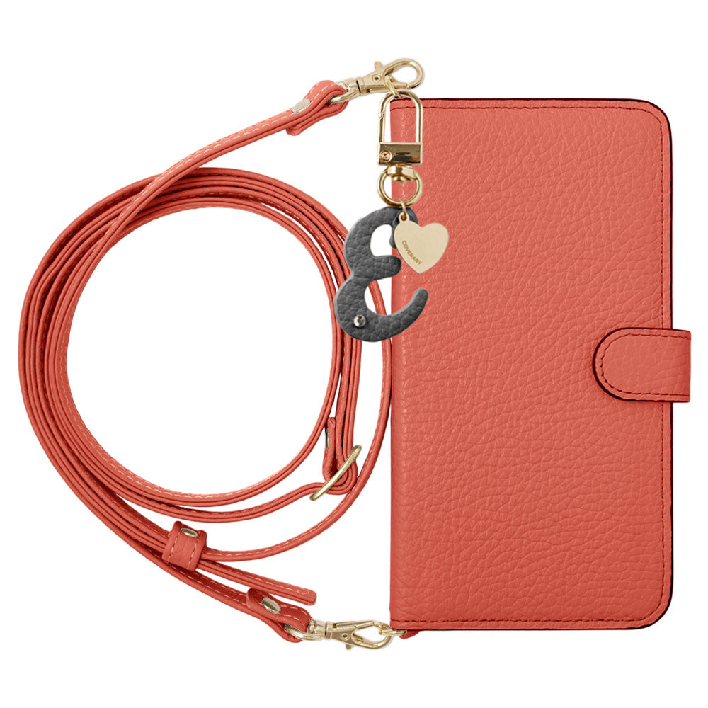 Genuine Leather 32 Colors Italian Shrink Leather Mini Initial Charm With Shoulder Strap Notebook Type Case (With Belt) AQUOS Series