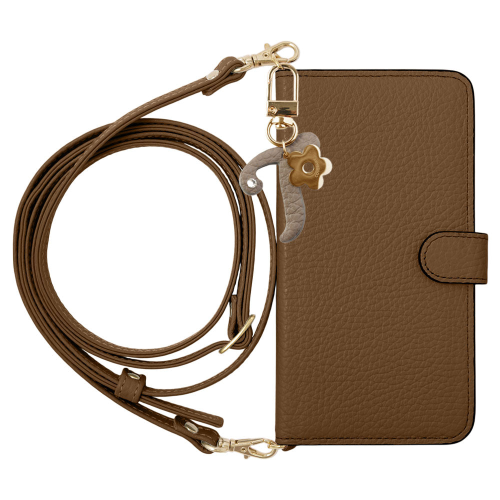 Genuine Leather 32 Colors Italian Shrink Leather Mini Initial Charm With Shoulder Strap Notebook Type Case (With Belt) AQUOS Series