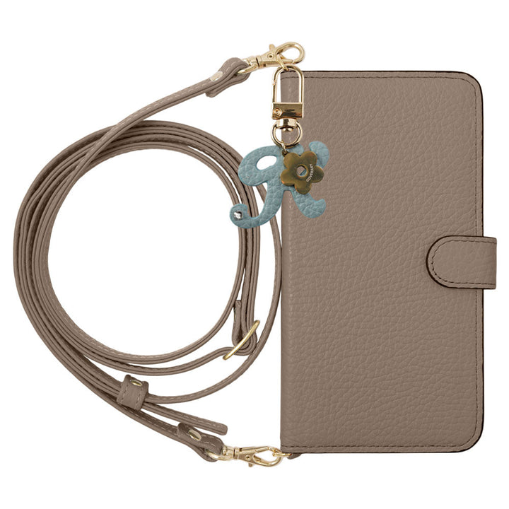 Genuine Leather 32 Colors Italian Shrink Leather Mini Initial Charm With Shoulder Strap Notebook Type Case (With Belt) AQUOS Series