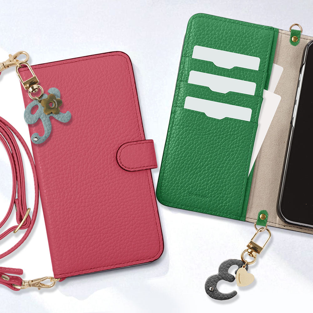 Genuine Leather 32 Colors Italian Shrink Leather Mini Initial Charm With Shoulder Strap Notebook Type Case (With Belt) AQUOS Series