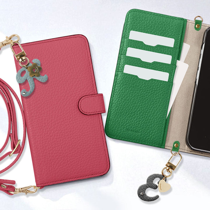 Genuine Leather 32 Colors Italian Shrink Leather Mini Initial Charm With Shoulder Strap Notebook Type Case (With Belt) AQUOS Series