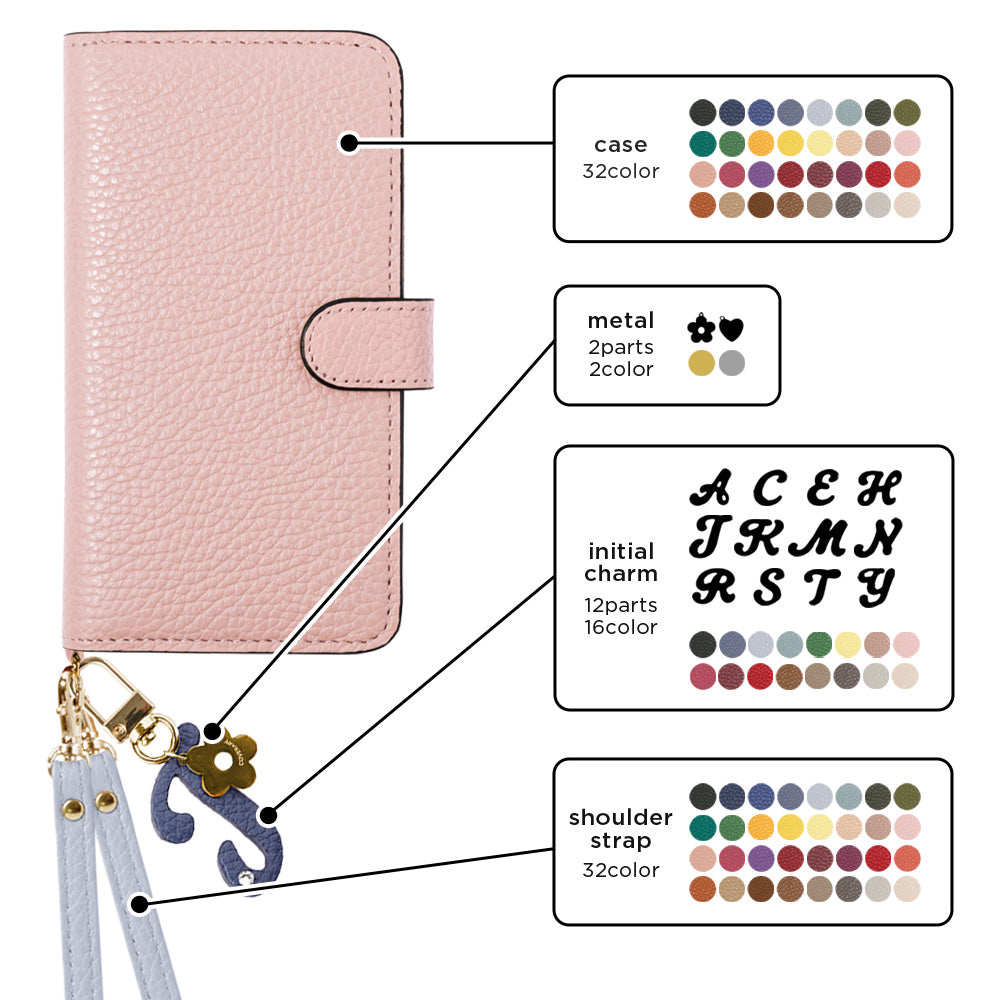 Genuine Leather 32 Colors Italian Shrink Leather Mini Initial Charm With Shoulder Strap Notebook Type Case (With Belt) AQUOS Series