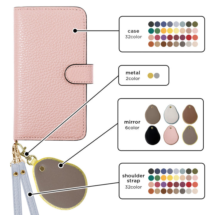 Genuine leather 32 colors Italian shrink leather with shoulder strap Different material nuance mirror charm notebook-style case (with belt) Galaxy series