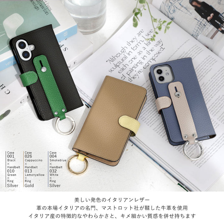 本革 32色 イタリアンシュリンクレザー ベルトバイカラー ハンドベルト付き 手帳型ケース（ベルトあり）iPhoneシリーズ