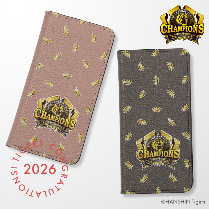 【期間限定】阪神タイガース × COVERARY 2026リーグ優勝ロゴ 総柄 本革 32色 イタリアンシュリンクレザー 手帳型ケース
