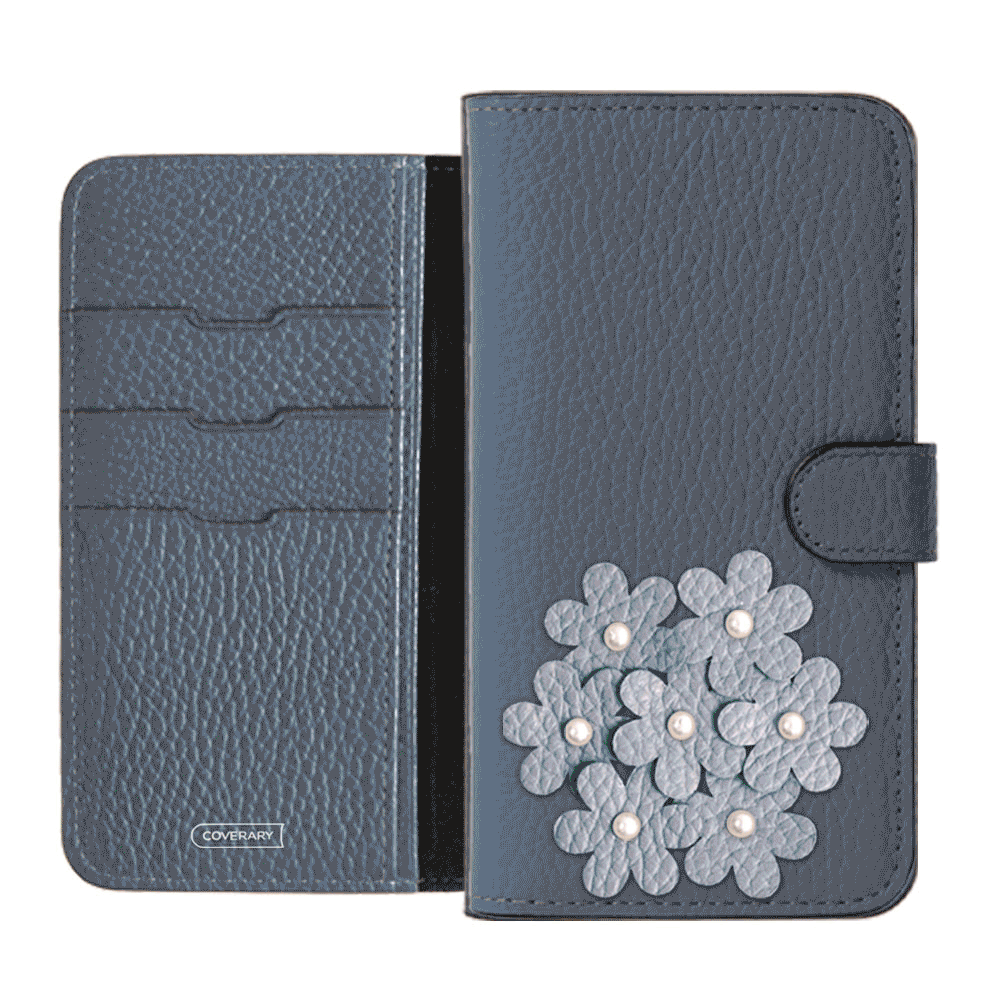 自分でデザイン あじさい フラワーデコ 手帳型ケース 本革 32色 イタリアンシュリンクレザー