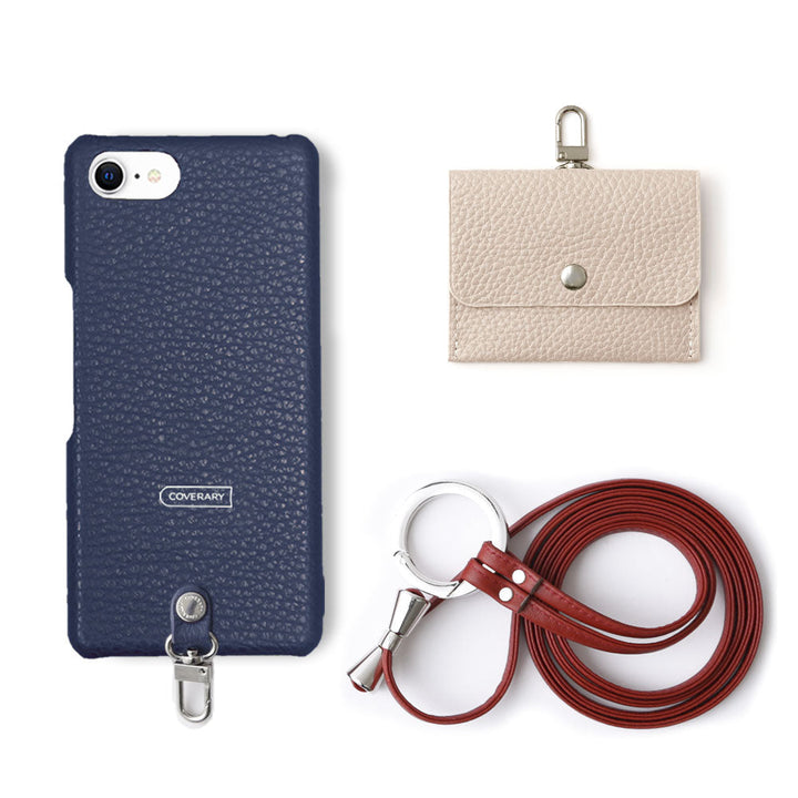 Genuine leather Italian shrink leather 3-piece set A with earphone case & ring shoulder strap, back case for iPhone series