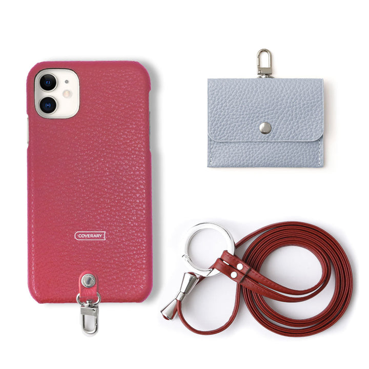 Genuine leather Italian shrink leather 3-piece set A with earphone case & ring shoulder strap back case AQUOS series