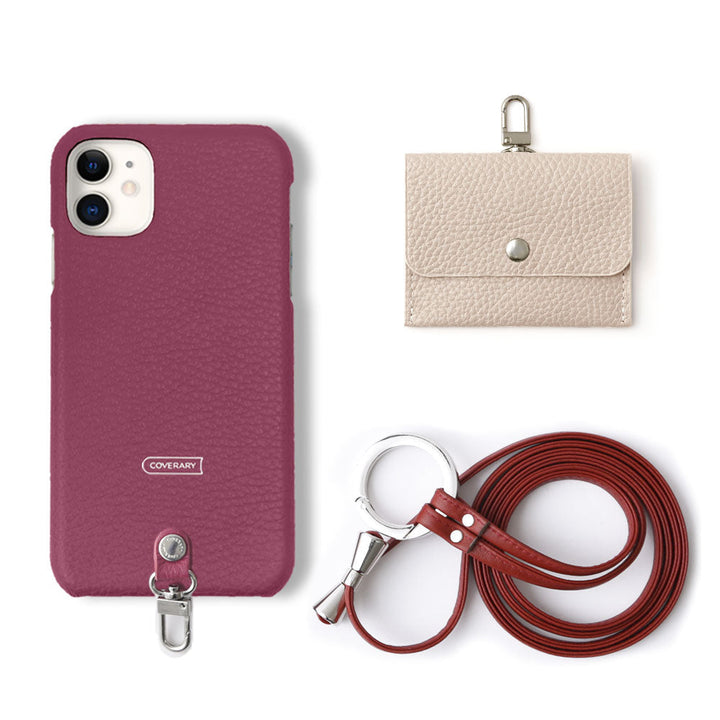 Genuine leather Italian shrink leather 3-piece set A with earphone case & ring shoulder strap, back case for iPhone series