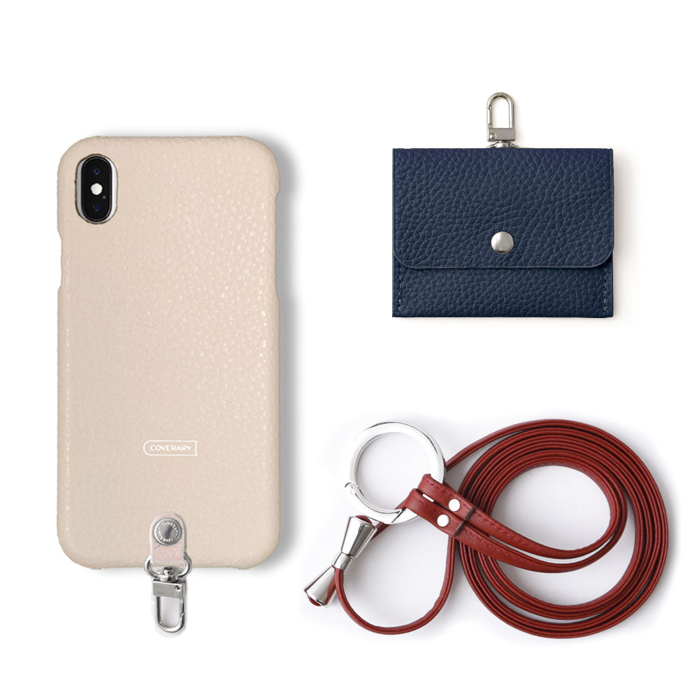 Genuine leather Italian shrink leather 3-piece set A with earphone case & ring shoulder strap, back case for iPhone series
