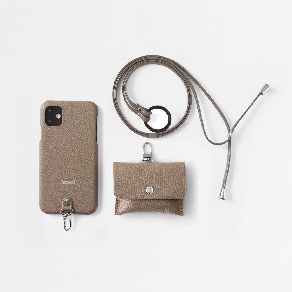 Genuine leather Italian shrink leather 3-piece set A with earphone case & ring shoulder strap, back case for iPhone series