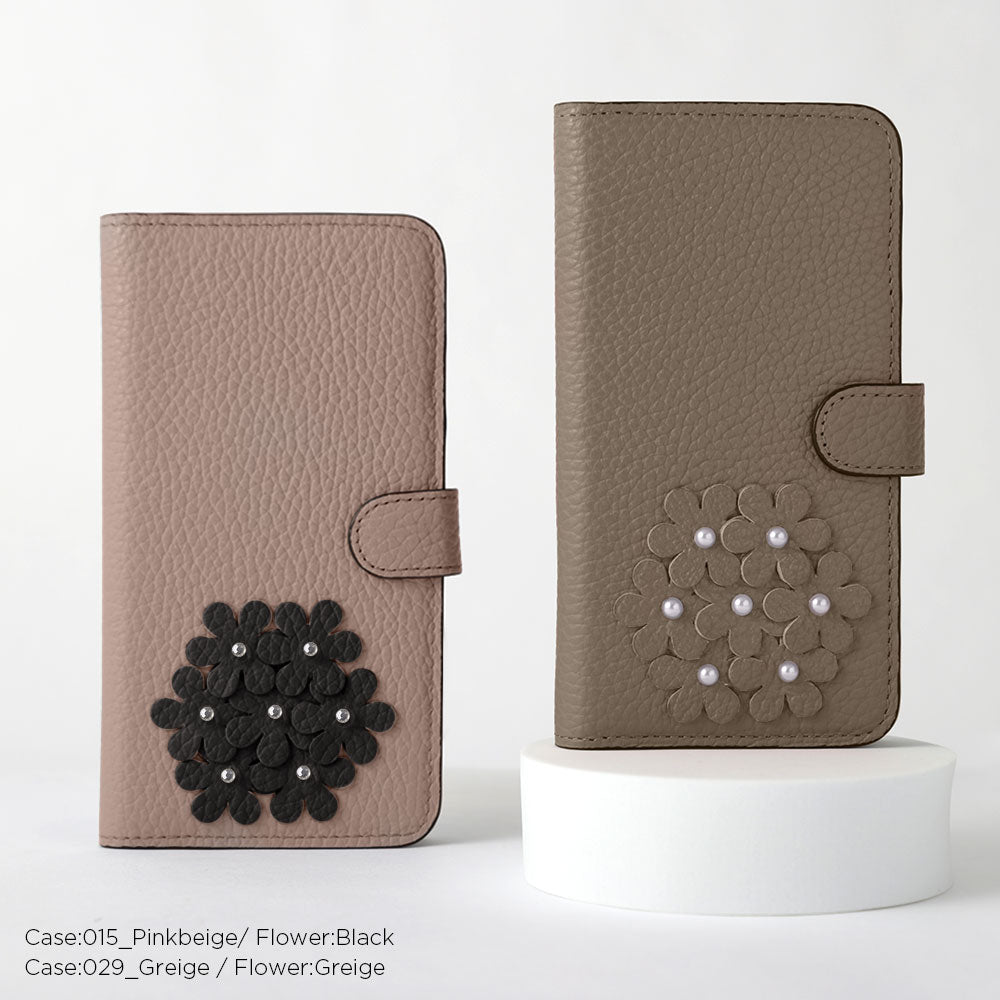 本革 32色 イタリアンシュリンクレザー あじさいモチーフ フラワーデコ手帳型ケース（ベルトあり） Galaxyシリーズ