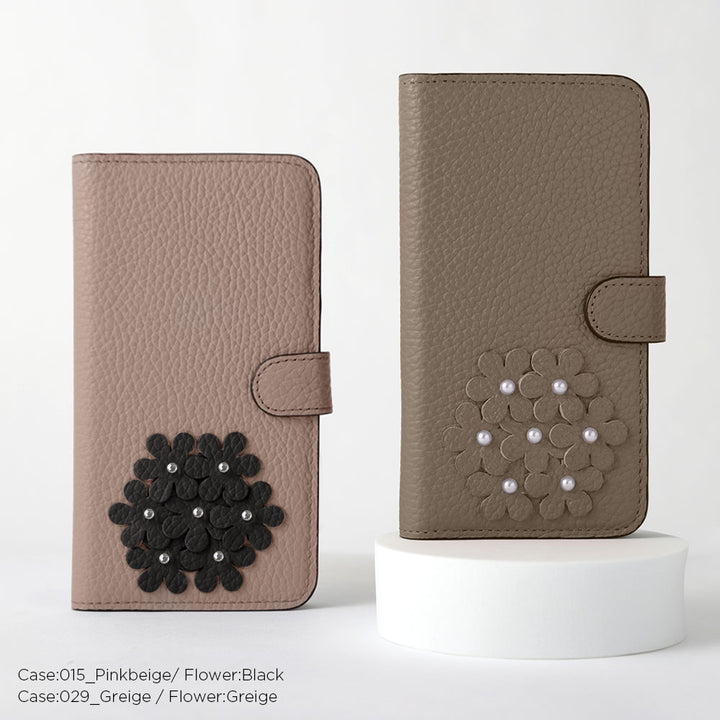 本革 32色 イタリアンシュリンクレザー あじさいモチーフ フラワーデコ手帳型ケース（ベルトあり） Google Pixelシリーズ