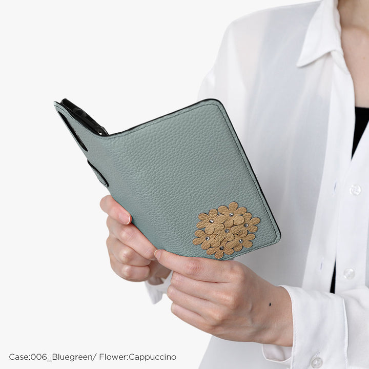 本革 32色 イタリアンシュリンクレザー あじさいモチーフ フラワーデコ手帳型ケース（ベルトあり） Google Pixelシリーズ