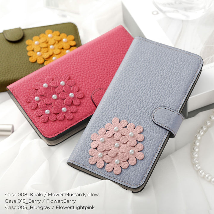 本革 32色 イタリアンシュリンクレザー あじさいモチーフ フラワーデコ手帳型ケース（ベルトあり） iPhoneシリーズ