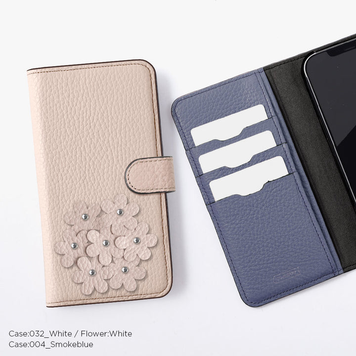 本革 32色 イタリアンシュリンクレザー あじさいモチーフ フラワーデコ手帳型ケース（ベルトあり） iPhoneシリーズ