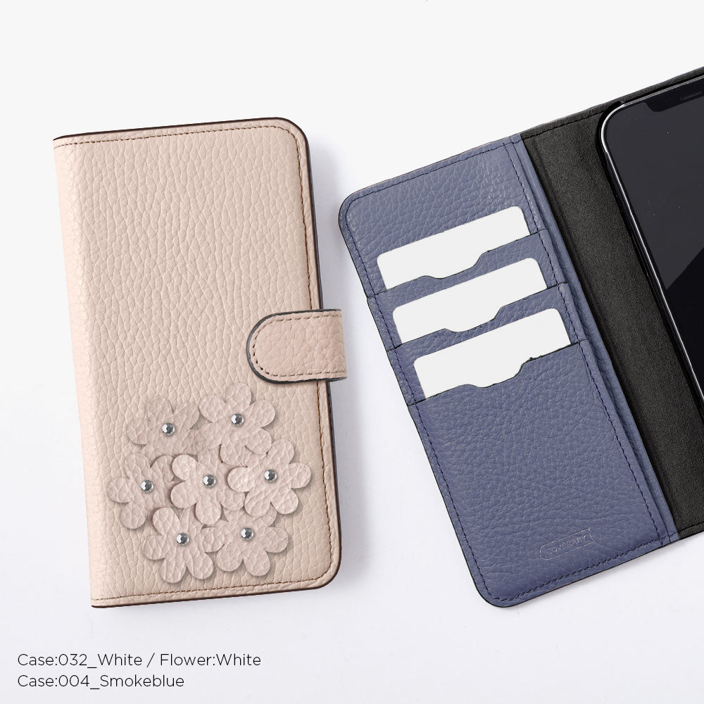 本革 32色 イタリアンシュリンクレザー あじさいモチーフ フラワーデコ手帳型ケース（ベルトあり） Google Pixelシリーズ