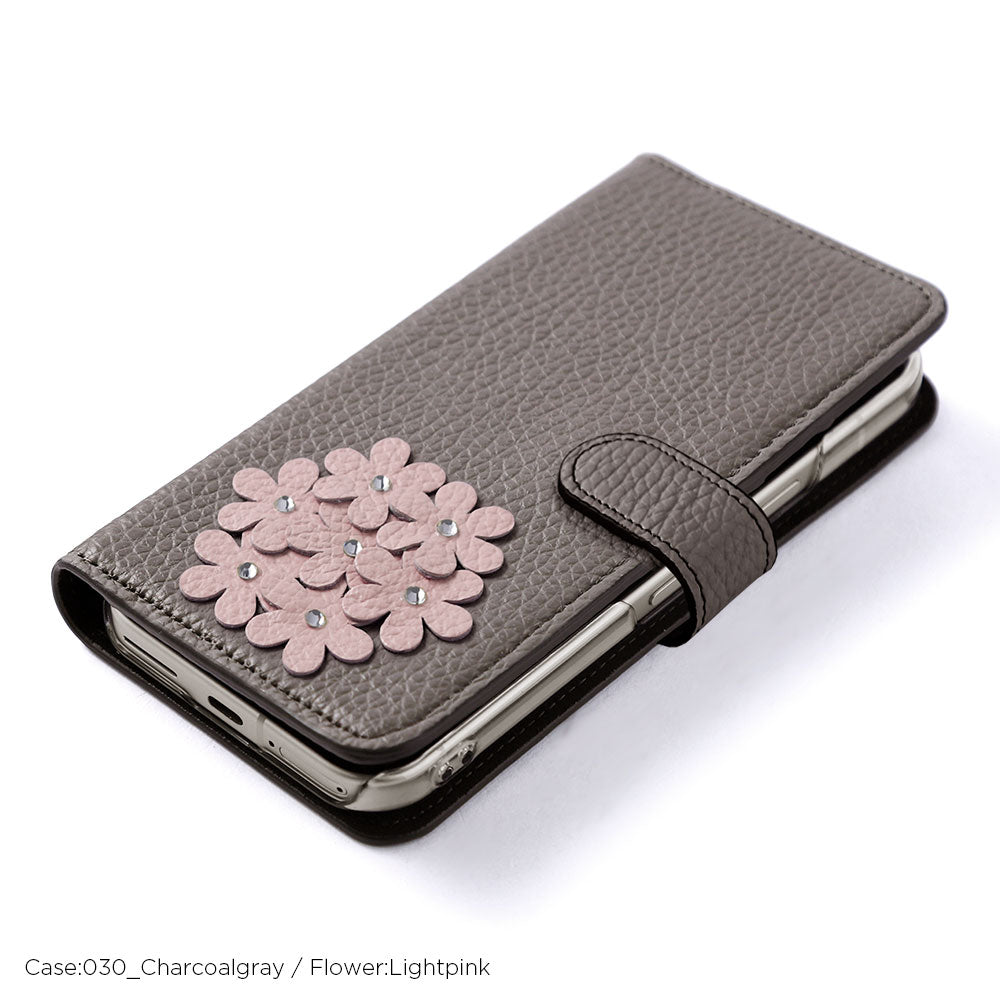 本革 32色 イタリアンシュリンクレザー あじさいモチーフ フラワーデコ手帳型ケース（ベルトあり） iPhoneシリーズ