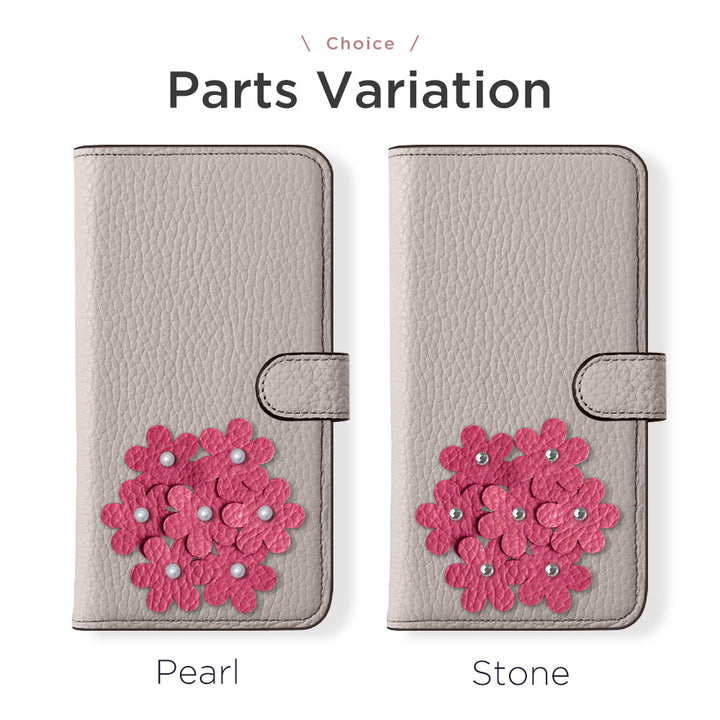 本革 32色 イタリアンシュリンクレザー あじさいモチーフ フラワーデコ手帳型ケース（ベルトあり）