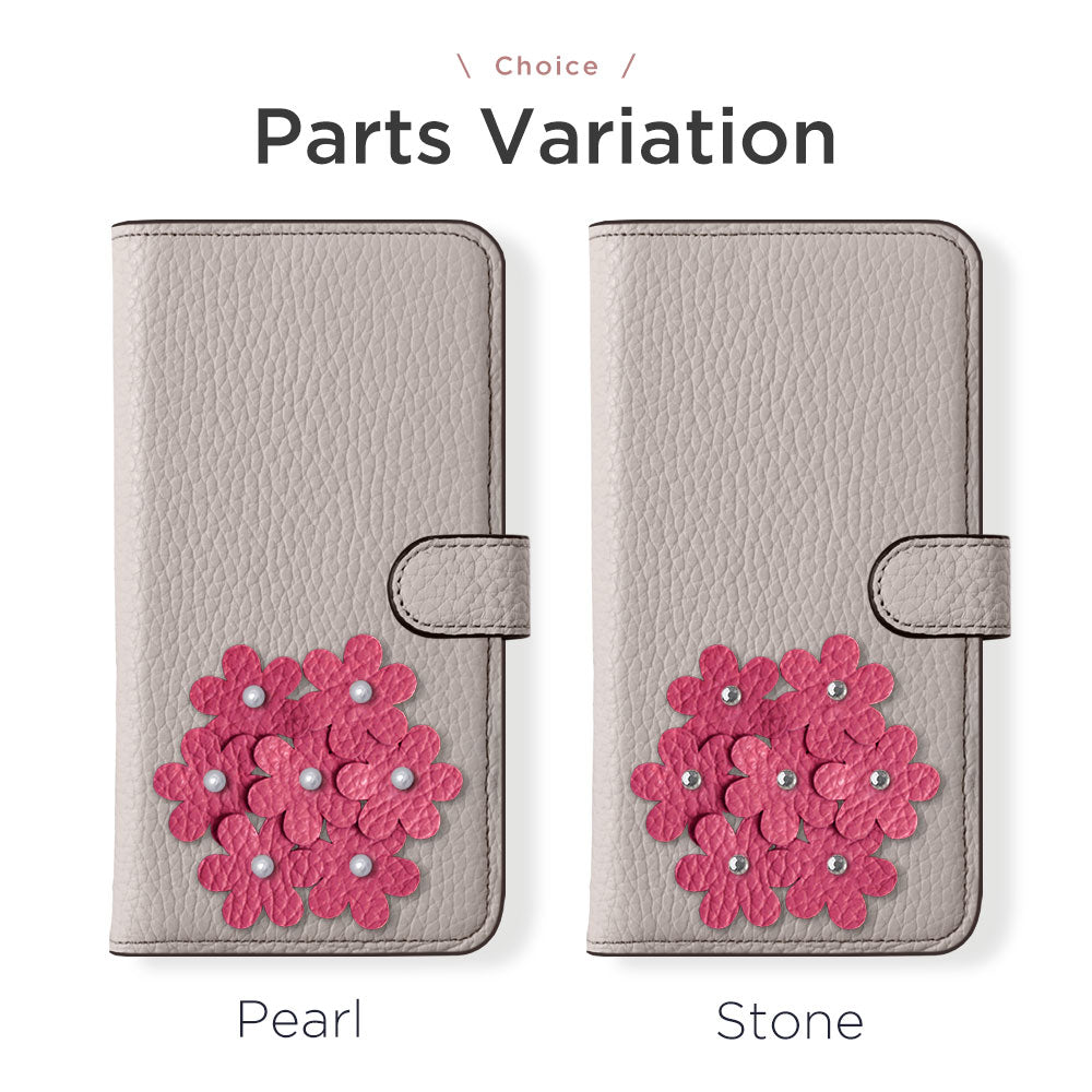 自分でデザイン あじさい フラワーデコ 手帳型ケース 本革 32色 イタリアンシュリンクレザー