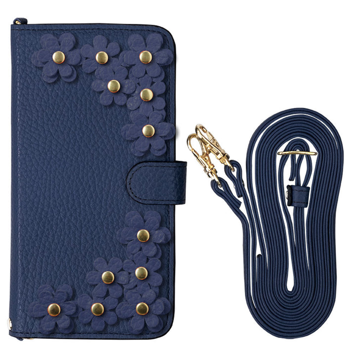 Genuine leather 32 colors Italian shrink leather shoulder strap included flower motif notebook-style case (with belt) Xperia series