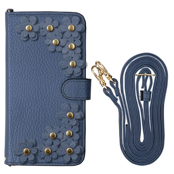 Genuine leather 32 colors Italian shrink leather shoulder strap included flower motif notebook-style case (with belt) iPhone series